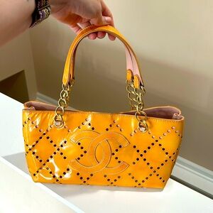 Authentic Chanel Yellow Perforated Tote with Sticker and Card Pink Interior